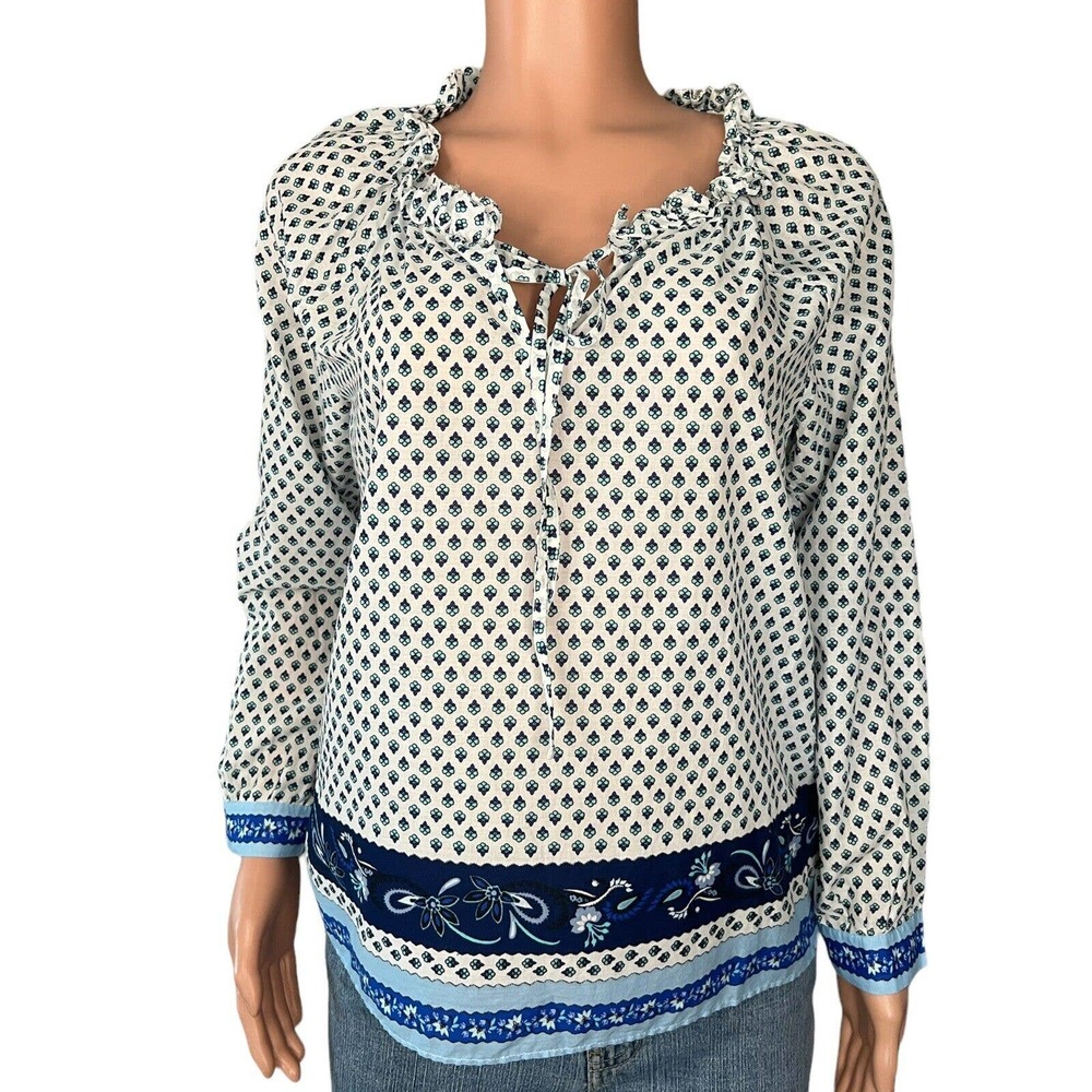 J Crew Top Women’s Small Multicolor Floral Print Ruffle Neck 3/4 Sleeve Cotton